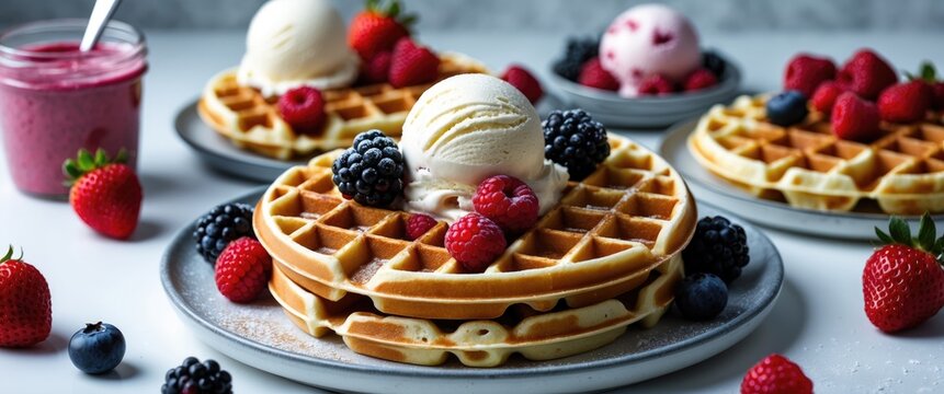 Belgian waffles topped with ice cream and mixed berries on a white backdrop, a homemade healthy breakfast. Includes empty space for text.