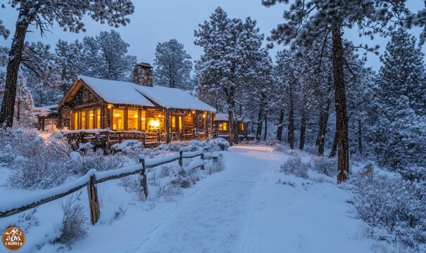 serene snow-covered path leading to a rustic cabin with glowing windows, surrounded by tall, frosted pine trees, Generative AI