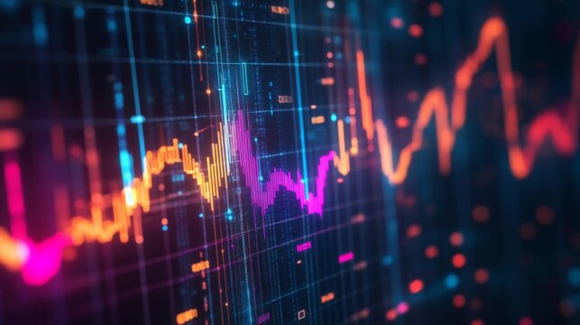 A futuristic financial graph in neon colors over a black background, with digital data points glowing, creating a high-tech aesthetic
