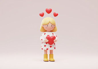 Fototapeta premium A little girl holds a big red heart and gives warmth and attention