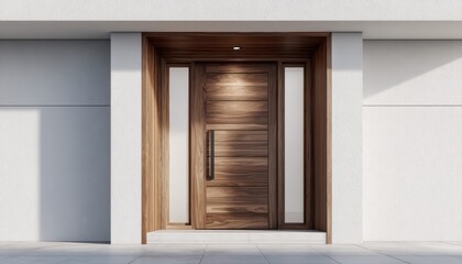 Modern house facade featuring a wooden and glass front door design with clean lines, inviting vibrancy, and natural elegance.