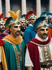 Closeup of a group of men wearing ornate masks and colorful costumes, participating in the ancient Roman festival of Saturnalia, a time of feasting, giftgiving, and revelry that was later