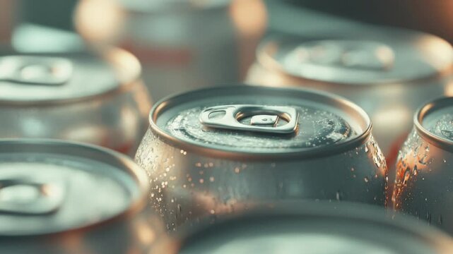 Close-up of multiple silver beer cans with blank surface as mockup, condensation, metallic texture, background