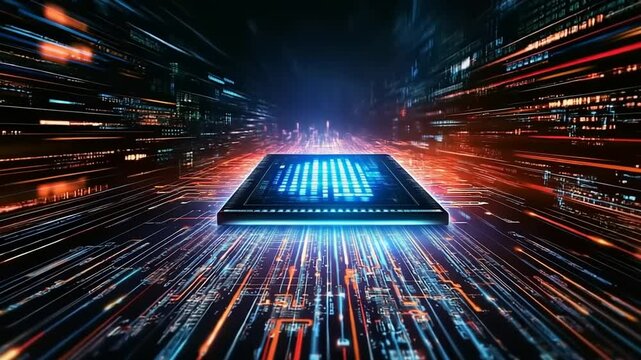 High-tech computer chip with digital data streams.