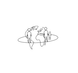 Obraz premium Global Community: A simple line art illustration depicts three figures standing on a stylized Earth, symbolizing global connection and unity.