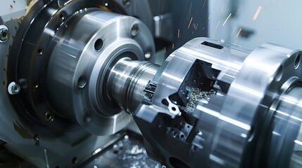 Close-up of machined part turning on a lathe, showcasing a metal component precision-cut by a carbide tool with chips flying and coolant spraying