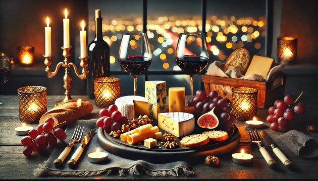 A luxurious dinner setting featuring an elegant cheese board on a dark wooden table - Powered by Adobe