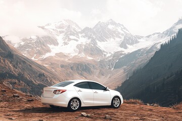 Naklejka premium A white car on a mountain background with copy space