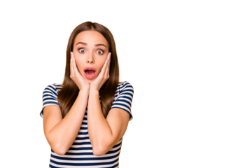 Amazing lady hold arms on cheeks open mouth of bad news wear striped clothes isolated yellow background