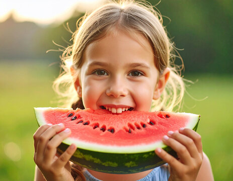 Una ni&ntilde;a rubia sonriente comiendo una jugosa raja de sandia con las manos, alimento perfecto para una dieta saludable y para la sed del verano