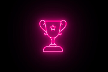Neon Pink color trophy cup icon. Neon gold trophy cup sign on black background. Bright Trophy line icon. A Neon golden trophy cup icon illustration on black background.