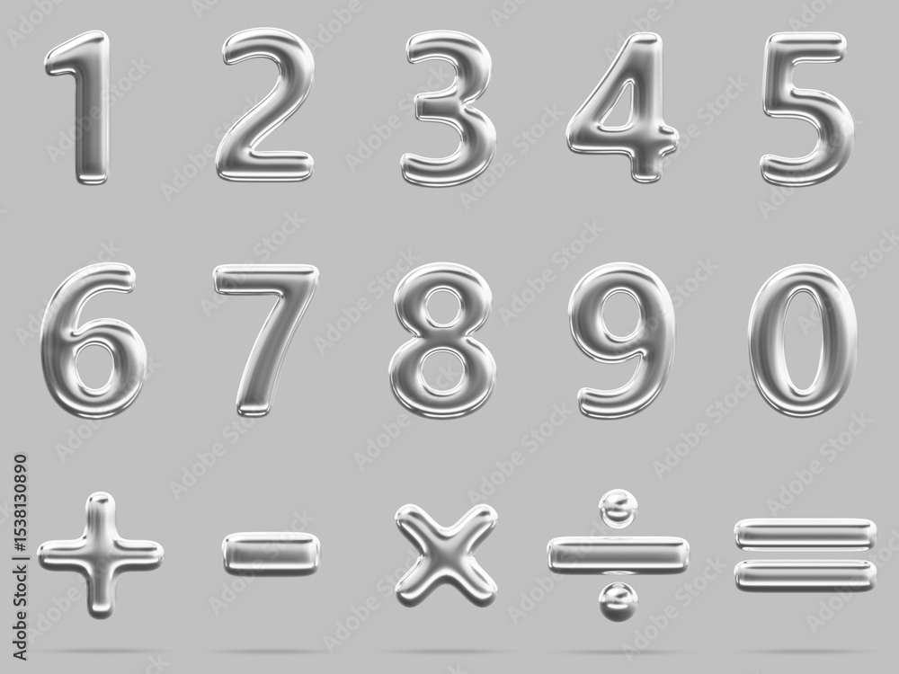 Poster y2k liquid chrome numbers font from 0 to 9. silver inflated balloons isolated 3d render icon set. pl