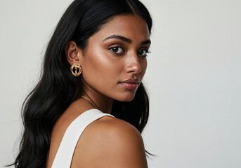 Portrait of a dark-skinned young Indian woman on a white background