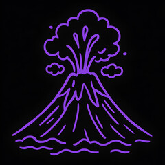 A purple line art illustration of an erupting volcano on a black background.