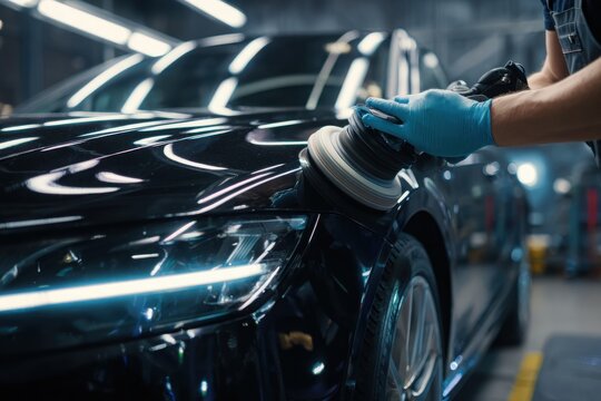 Car detailing and polishing concept of professional man car service worker with orbital polisher polishing black luxury car in auto repair shop