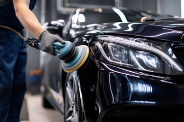 Car detailing and polishing concept of professional man car service worker with orbital polisher polishing black luxury car in auto repair shop