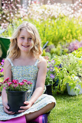 Pink flowering plants blooming in black plastic pots on green lawn, with wheelbarrow nearby