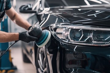 Car detailing and polishing concept of professional man car service worker with orbital polisher polishing black luxury car in auto repair shop