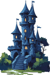 Castle with dark blue color. Illustration of a royal castle isolated on transparent background. Fantasy castle