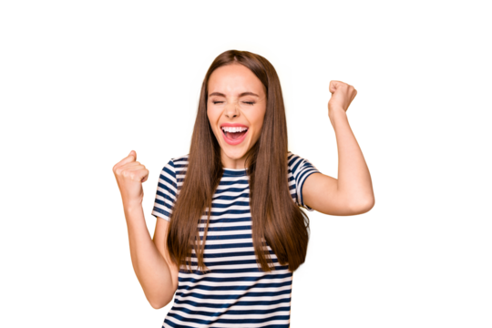 Pretty lady arms raised up celebrating championship wear striped white blue t-shirt isolated yellow background