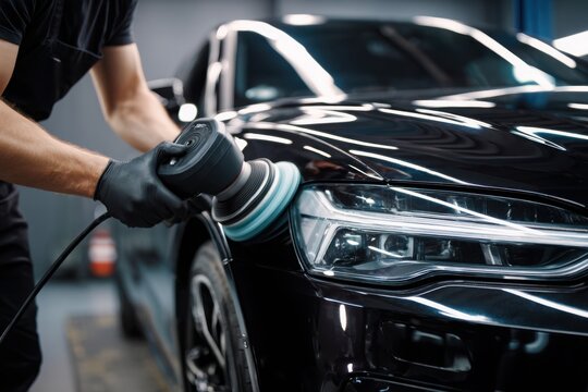 Car detailing and polishing concept of professional man car service worker with orbital polisher polishing black luxury car in auto repair shop