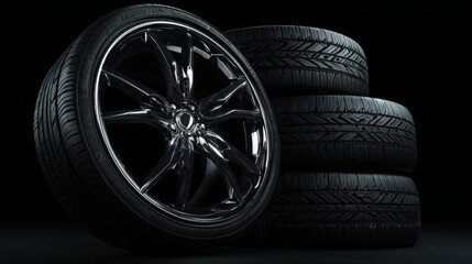 Black background with a black car wheel and tire, with chrome rims on the rim.