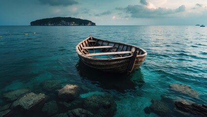 Fototapeta premium Boat Round Float In The Sea Offered Him Poda Island, With Blank Space For Text