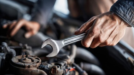 Car mechanic working with a wrench on a car engine, close-up view of hands holding a wrench.