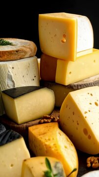 Variety of delicious cheese types stacked on wooden boards against a dark background for tasting food concept