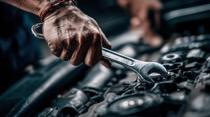 Car mechanic working with a wrench on a car engine, close-up view of hands holding a wrench.