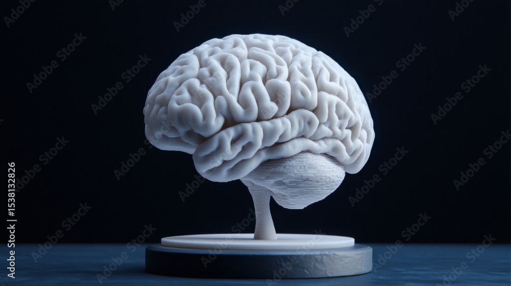 Poster a high-quality shot of a d printed brain model with realistic texture and detail, positioned on a st