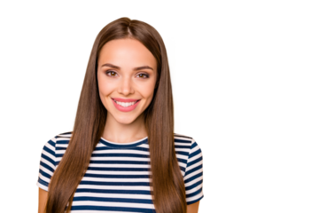 Close up photo of charming lady looking at camera smiling wearing striped t-shirt isolated over yellow background