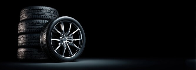 Black background with a black car wheel and tire, with chrome rims on the rim.