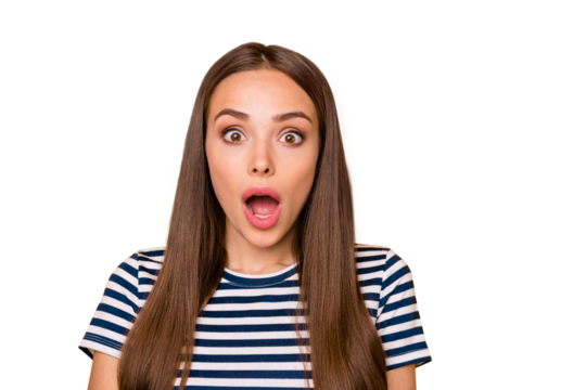 Close up photo of impressed lady with opened mouth shouting looking at camera wearing striped t-shirt isolated over yellow background
