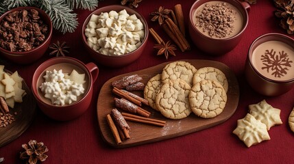 Fototapeta premium flat-lay of freshly baked gingerbread houses, candy canes, and colorful icing, ready for festive decoration, Generative AI