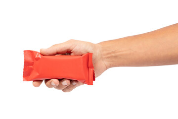 Male hand holding red snack mockup isolated no background cutout