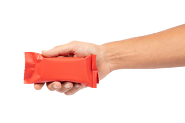 Male hand holding red snack mockup isolated no background cutout