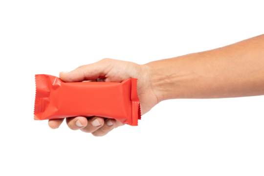 Male hand holding red snack mockup isolated no background cutout