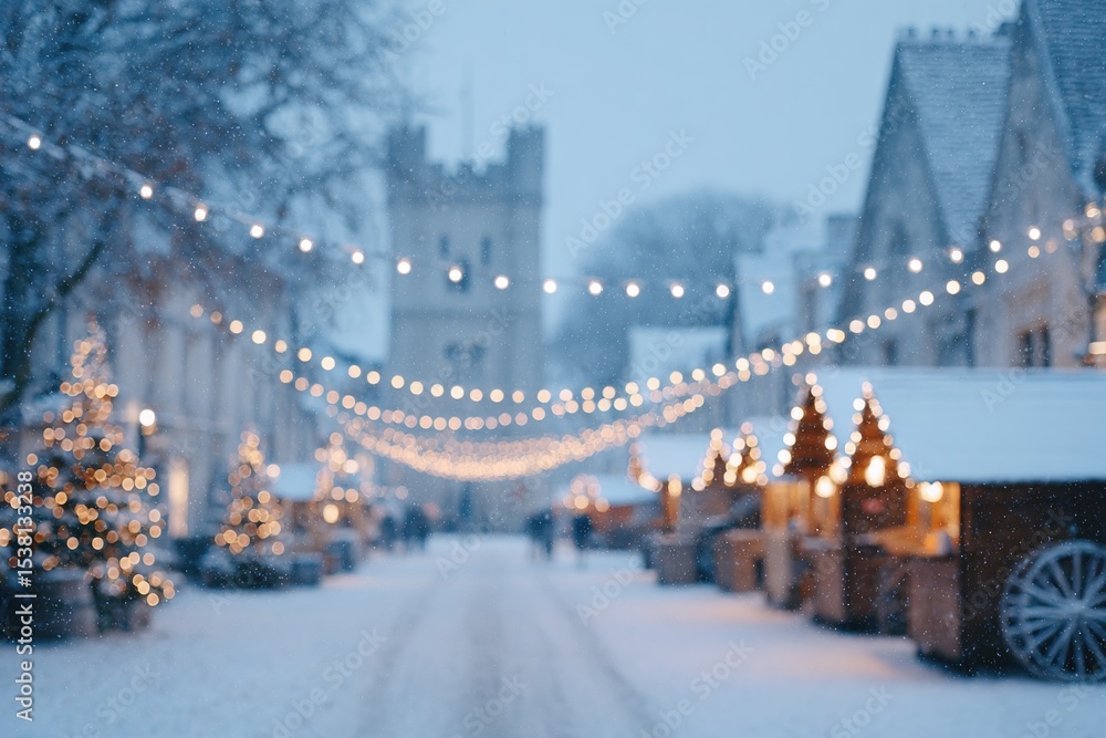 Poster minimalistic view of festive christmas market illuminated with string lights at twilight featuring d