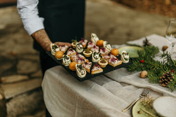 Waiter serving gourmet appetizers at christmas dinner party