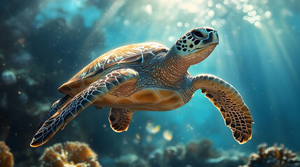 Obraz premium Sea turtle swimming in the ocean depths.