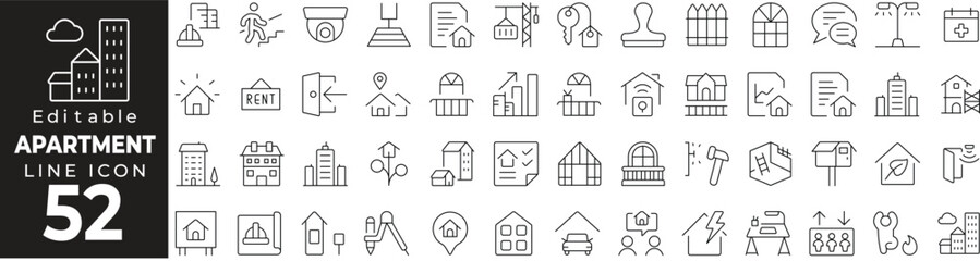 Obraz premium Modern apartment building linear icons. Includes city flats, real estate, high-rise living, home rentals, and property symbols. Editable stroke.