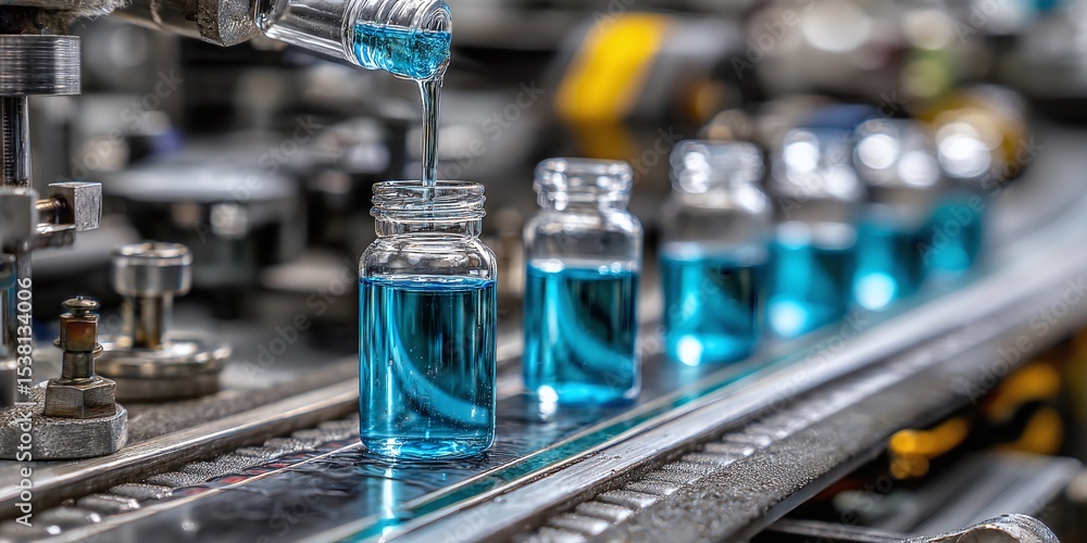 Poster automated filling of vials on a conveyor belt with a clear blue solution, highlighting precision and