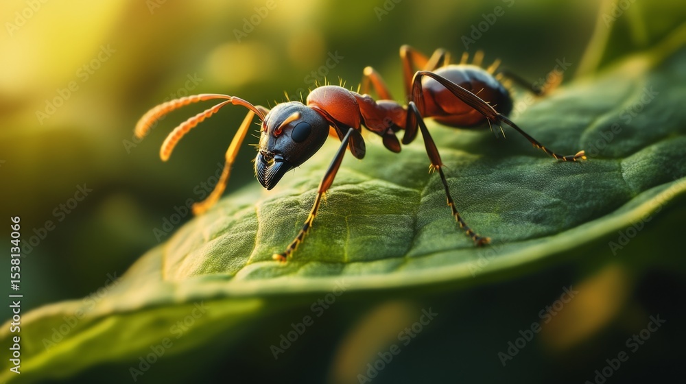 Poster a high-resolution image of a single ant on a green leaf, showcasing its fine details and texture as 