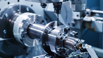 Close-up of machined part turning on a lathe, showcasing a metal component precision-cut by a carbide tool with chips flying and coolant spraying