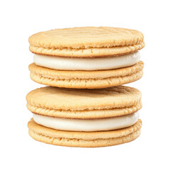 Stack of delicious sandwich cookies with cream filling on transparent background