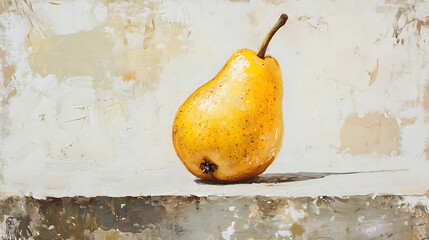 A vibrant yellow pear stands against a textured, bright background in this still life composition, evoking a sense of freshness and organic beauty.