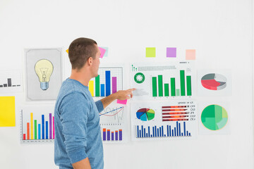 Single man pointing at green bar graph on white office wall with charts and sticky notes