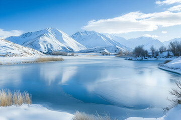 Fototapeta premium Snow covered mountains reflect in a calm lake under a bright blue sky.