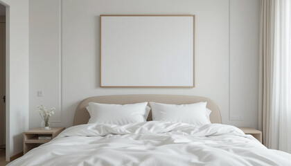 Serene Minimalist Bedroom  Blank Canvas  White Bedding  Modern Interior